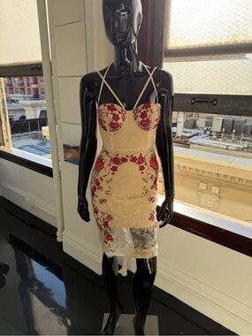 bebe Cream Lace Midi Dress with Red Floral Embroidery